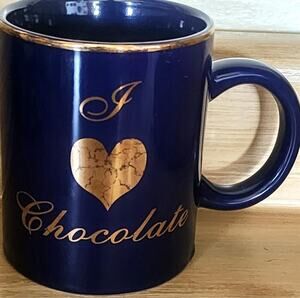 Russell Stover Candies I Love Chocolate Advertising Coffee Mug Ceramic Blue